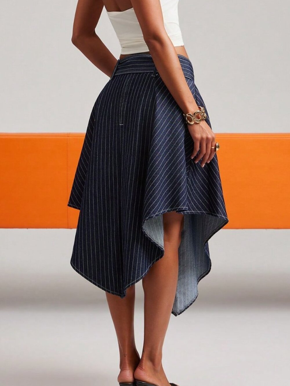 Dark Wash Casual Women's Loose Midi A-Line Zipper Belted Striped Denim Skirt - Picture 2 of 7
